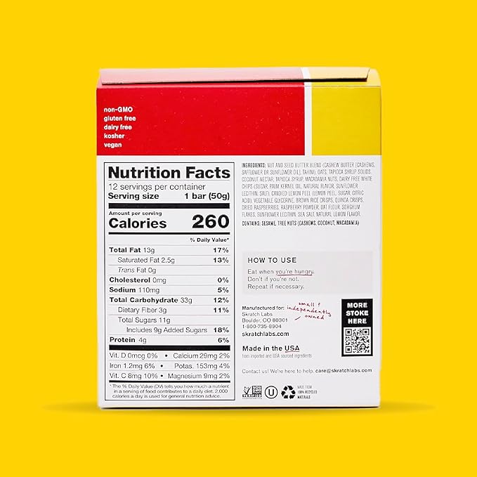 SKRATCH LABS Energy Bar | Raspberry + Lemon (12 pack) | Plant Based Healthy Snack | Low Sugar - 4g Protein | non-gmo, gluten free, soy free, vegan, kosher