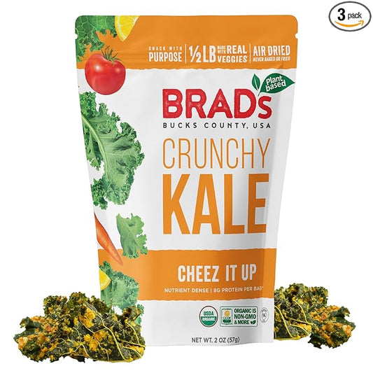 Brad’s Plant-Based - Organic Crunchy Kale Chips - Healthy Snack with Sea Salt - High in Plant-Based Protein & Fiber - Low Carb, Organic Veggie Chips - Cheez It Up - 2 Oz (Pack of 3)