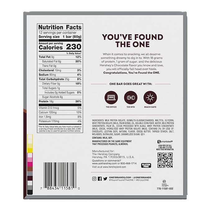 ONE Protein Bars, NEW Hershey's Double Chocolate, Gluten Free with 18g Protein and 3g Sugar, Pantry Staples 2.12 oz (12 Pack)