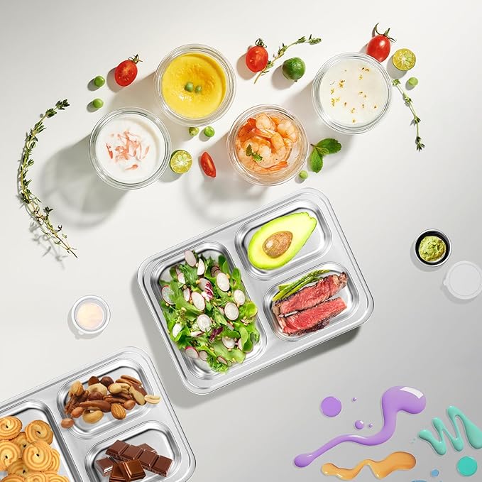 Stainless Steel Divided Plate for Kids Toddler, Non Toxic Portion Control Plate Dinner Plate with Lid for Adults Weight Loss, 2 Pack 3 Sections Rectangular Snack Plate Tray