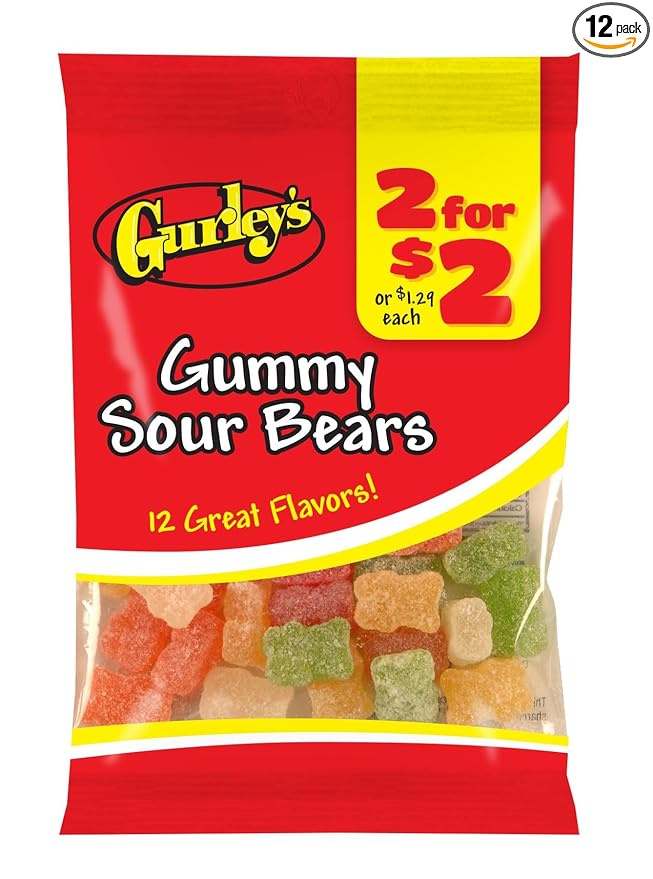 Gurley's Sour Gummi Bears, Mouth-Puckering Fruit Flavored Candies (Pack of 12)