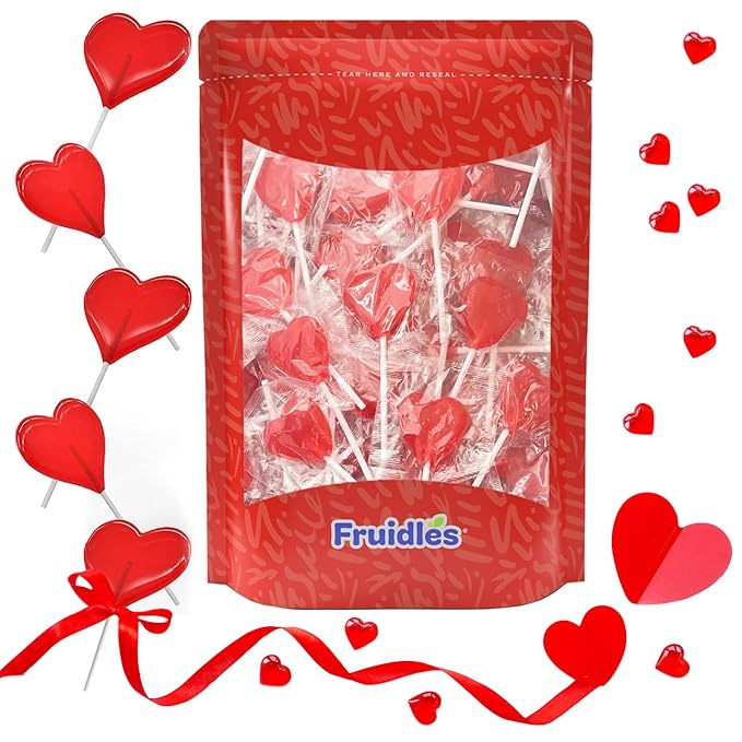 Fruidles Valentine's Red Heart Shaped Hard Candy Lollipop Suckers, Individually Wrapped, 12g Lollipop (10 Pounds (Bulk))