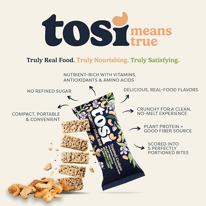 Tosi Meal Nut Bars, Cashew, Healthy Snacks for Adults & Kids, Crunchy Plant Based Protein Bar (14G), Keto Snacks, Vegan, Gluten & Soy Free, Low Sugar, Omega 3s, 2.4oz, 12-Pack