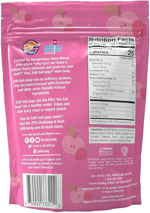 Zolli Ball Popz Clean Teeth Sugar Free Candy - Dye-Free, Keto & Diabetic-Friendly, Dentist-Approved Treats for Kids (Green Apple & Strawberry, 5.2 oz)