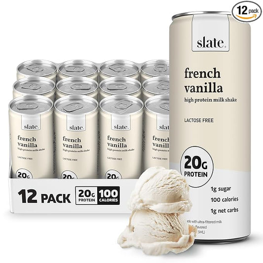 Slate Milk - High Protein Milk Shake - French Vanilla - Lactose Free, 20g Protein, 1g Sugar, 100 Calories, 1g Net Carbs, No Added Sugar - Natural, Breakfast Boost, Post Workout - 11 fl oz, 12 Cans