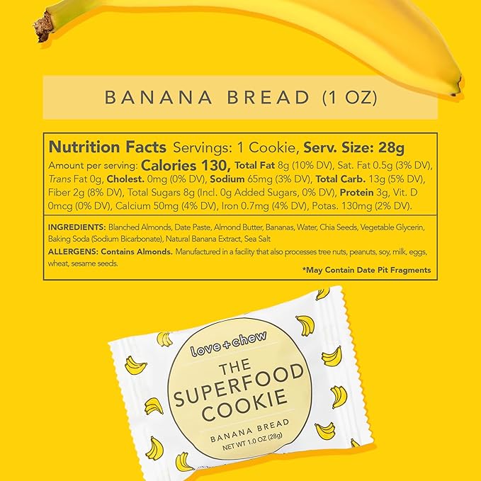 Love + Chew Superfood Soft Baked MINI Cookies, Banana Bread & Cherry Almond, Plant Based Cookie With Almonds, Fruit, & Chia Seeds for Kids & Adults, Vegan Snacks, Gluten Free, Paleo, Non GMO, 16 Pack
