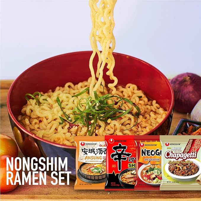 Journey of Asia "4 Nongshim Ramen Combo" Ansungtangmyun, Neoguri Udon, Chapagetti, Shin Ramen | Gift for College Students and Adults | Korean Noodle Challenge