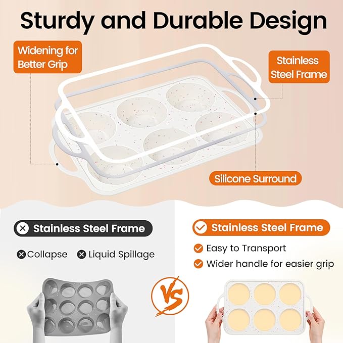 Fimary Silicone Muffin Pan with Metal Reinforced Frame - Mini Muffin Pan for Homemade Muffins, Cupcakes, and Bread, Oven and Dishwasher Safe - Set of 2, 6-Cup and 24-Cup