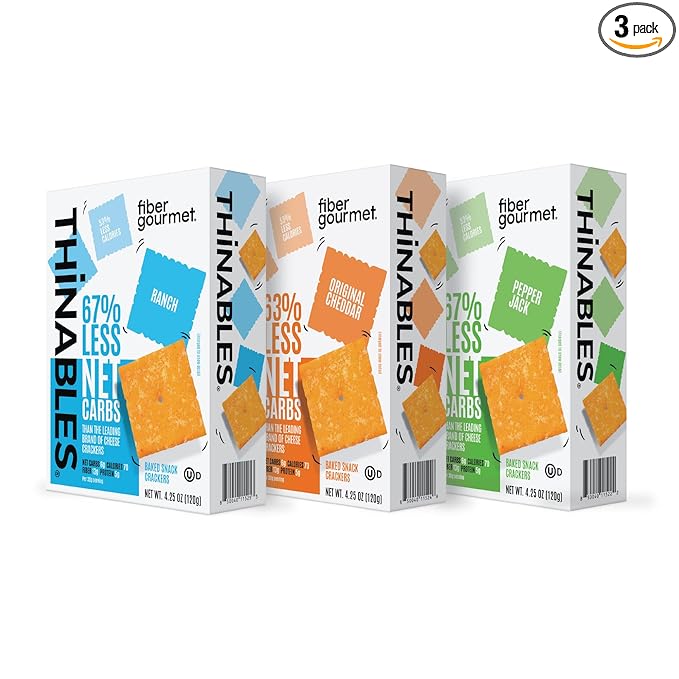 Fiber Gourmet Thinables Cheese Crackers, 3-Flavor Variety Pack (Original, Pepper Jack, Ranch) – 70 Calories, 13g Fiber, 5g Protein – 3 x 4.25 oz Packs