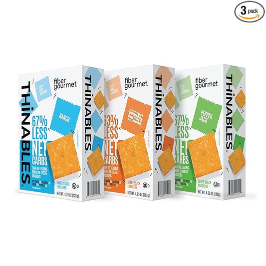 Fiber Gourmet Thinables Cheese Crackers, 3-Flavor Variety Pack (Original, Pepper Jack, Ranch) – 70 Calories, 13g Fiber, 5g Protein – 3 x 4.25 oz Packs