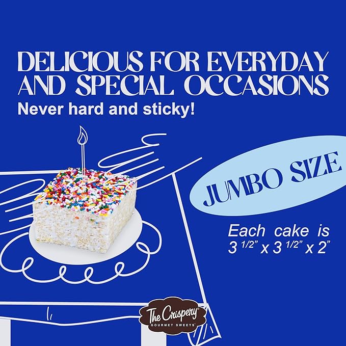 The Crispery Crispycakes – Jumbo Size Pack of 12 Individually Wrapped Assorted Flavor Gourmet Marshmallow Rice Crispycakes, always soft and gooey, packed with fresh ingredients. Made in the USA.