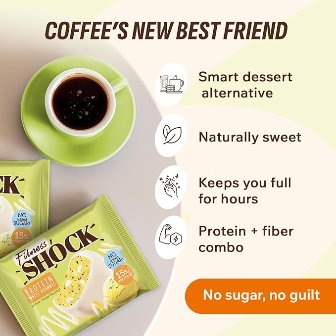 FitnesSHOCK Protein Brownie White Chocolate, No Added Sugar, 15%/7,5g Protein, 233kcal, Pre/Post Workout Snack - No Palm Oil, Filling dietary fibre, 10x50g - Poppy seeds and lemon flavour