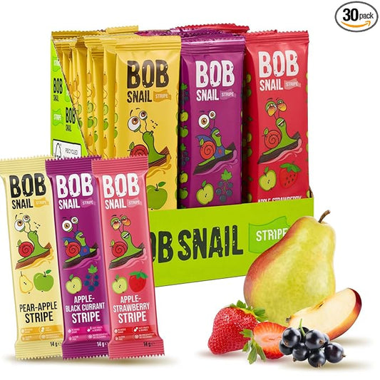 BOB SNAIL Healthy Fruit Snacks for Kids and Adults–30 Fruit Leather Snacks with Apple-Pear, Strawberry, Black Currant–Vegan Low-Carb Variety Pack Strips for Kids–Sugar Free Jerky Bars