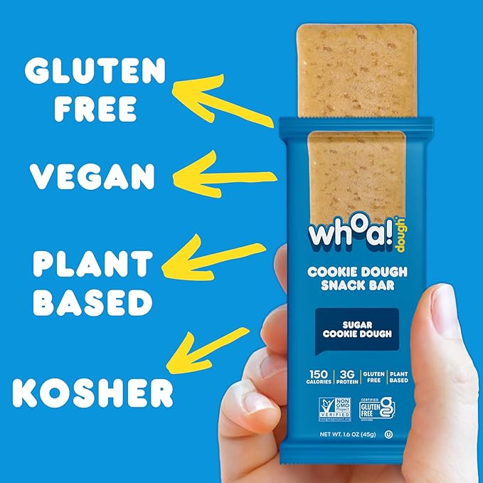Whoa Dough Edible Cookie Dough Bars- Certified Non-GMO, Kosher and Gluten Free Bars - Healthy Snack Foods - Plant Based Snacks Made With Real Ingredients - Sugar Cookie Dough - 4 Pack