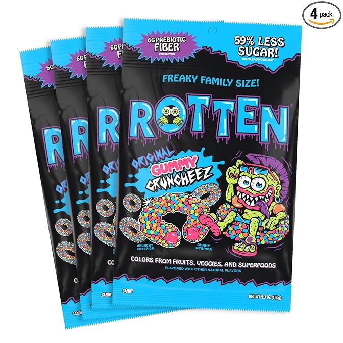 Rotten Original Gummy Cruncheez - Low Sugar, Low Calorie, 5g Gut-Friendly Prebiotic Fiber, Gluten Free Candy, No Artificial Dyes - 5.3 oz Share Pack [4 Pack]