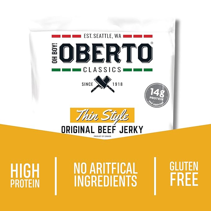 Oberto Classics Thin Style Beef Jerky, Original Flavor, No Artificial Ingredients, High Protein, Gluten Free, Wood Smoked, Premium Steak Beef Jerky High Protein Snacks, 2.2 Ounce (Pack of 8)
