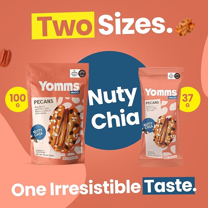 Yomms Nutty Chia Glazed Whole Pecan Halves, 15.6 oz (12 Pack), Gluten-Free & Non-GMO Healthy Dessert Snacks – Low Sugar Chia Seed & Crunchy Candied Nut Pouches – Gourmet Roasted Snacking Pecans – 1.3oz Individual Bags