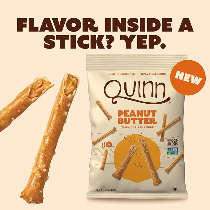 Quinn Snacks Peanut Butter Filled Pretzel Sticks - Gluten Free Snack, Salty & Crunchy, Made with Real Natural Ingredients, Peanuts, Sorghum, & Root Vegetables, Dairy Free, Vegan - 6.5 oz (Pack of 4)