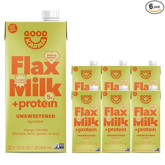 Good Karma Unsweetened Flaxmilk +Protein, 32 Ounce (Pack of 6), 5g Plant Protein + 1200mg Omega-3 Per Serving, Plant-Based Non-Dairy Milk Alternative, Lactose Free, Nut Free, Vegan, Shelf Stable