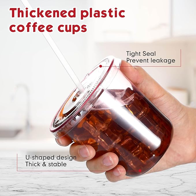 Ziliny 50 Sets Clear Plastic Cups with Lids and Straws, Disposable Iced Coffee Cups Drinking PET for Cold Drinks, Juice, Smoothie, Coffee Shops, Party, Christmas(Pink,12 oz)