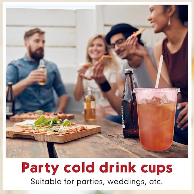 Ziliny 50 Sets Clear Plastic Cups with Lids and Straws, Disposable Iced Coffee Cups Drinking PET for Cold Drinks, Juice, Smoothie, Coffee Shops, Party, Christmas(Pink,16 oz)