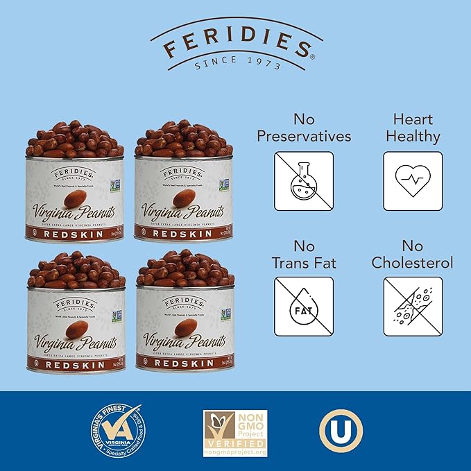FERIDIES Extra Large Salted Red Skin Peanuts, All Natural, No Preservatives, Kosher 9 Ounce (Pack of 4)