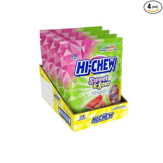 HI-CHEW Sweet and Sour Mix Bulk, Watermelon Lemon Grapefruit, 220+ Pieces, 4 Stand Up Pouches, 12.7oz each - Unique Fun Soft & Chewy Candy - Juicy Fruity Flavors - Individually Wrapped Candy
