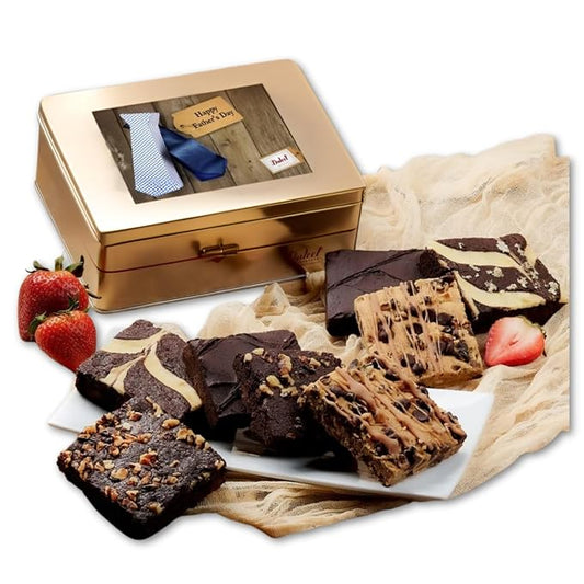 Dulcet Gift Baskets Fathers Day Brownie Assortment Gift Tin Baked Snacks Flavor including Chocolate Cheese Walnut Fudge-Chocolate Chip Blondie Gift for Men Dad Father Grandfather Him or Son
