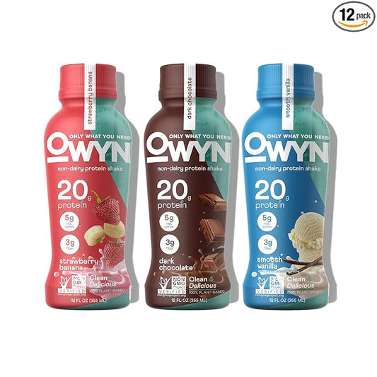 OWYN Only What You Need Protein Shake Variety Pack, Strawberry Banana, Dark Chocolate, Smooth Vanilla Flavored Protein Shakes, 20g Protein, 4g Sugar, 3g Fiber, Dairy Free, Plant Based Protein, 12 CT