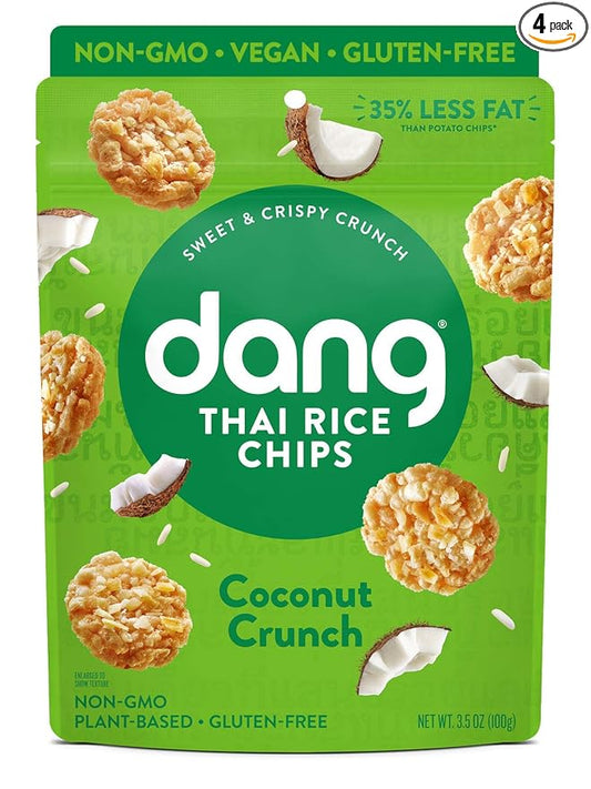 DANG Sticky Rice Chips | Coconut Crunch | 4 Pack | Vegan, Gluten Free, Non Gmo Rice Crisps, Healthy Snacks Made With Whole Foods | 3.5 Oz Bags
