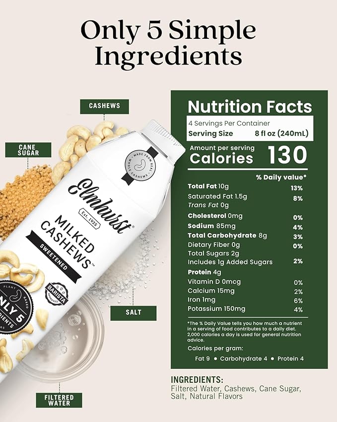 Elmhurst 1925 Sweetened Cashew Milk - 32 Ounce (Pack of 6) Dairy-Free, Vegan, Kosher, Gluten-Free, Shelf Stable Plant Based Milk Made with Water & Cashews for Healthier Coffee, Latte & Smoothies