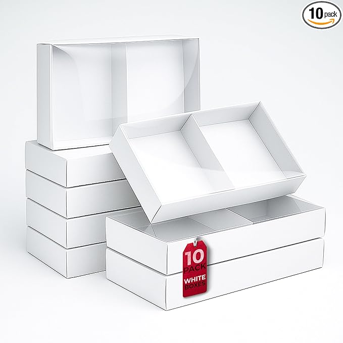 Gift Boxes with Clear Cover, Bakery Treat Boxes for Small Cakes, Cookies, Desserts, Donuts, Pastries, Gifts, and Party Favors – Durable & Elegant (10 Pieces White Kraft with Seperator, 4"x8"x1.2")