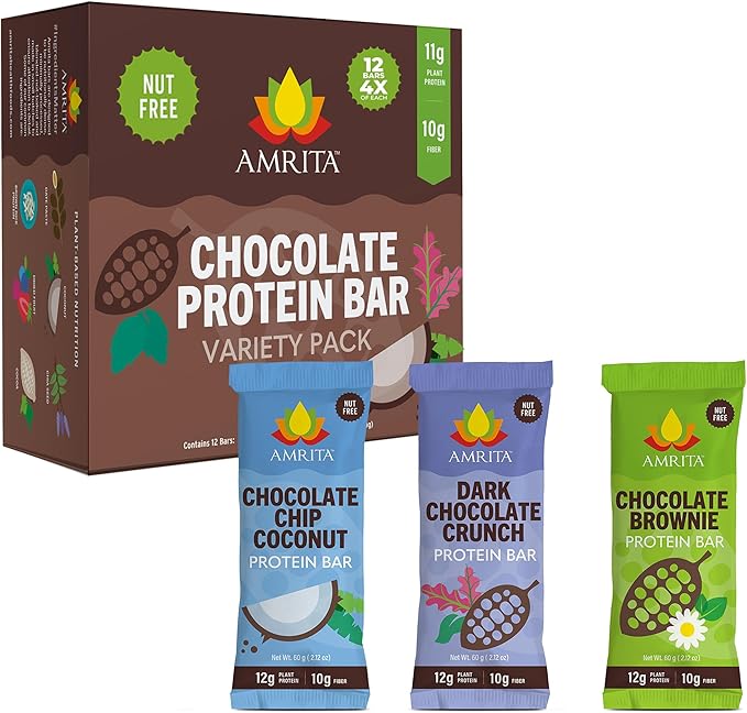 Amrita Nut Free Chocolate Variety Pack Vegan Protein Bars (12 Count) | 12g Plant-Based Protein Bar | Peanut Free, Gluten Free, and Dairy Free | Low Sugar, High Fiber, Healthy School-Safe Snacks