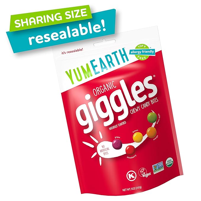 YumEarth Organic Giggles Chewy Candy - Allergy Friendly (Top 9 Free), No Artificial Dyes, Non GMO, Gluten Free, Vegan Candy Snacks - 5 Ounce Bag (Pack of 6)