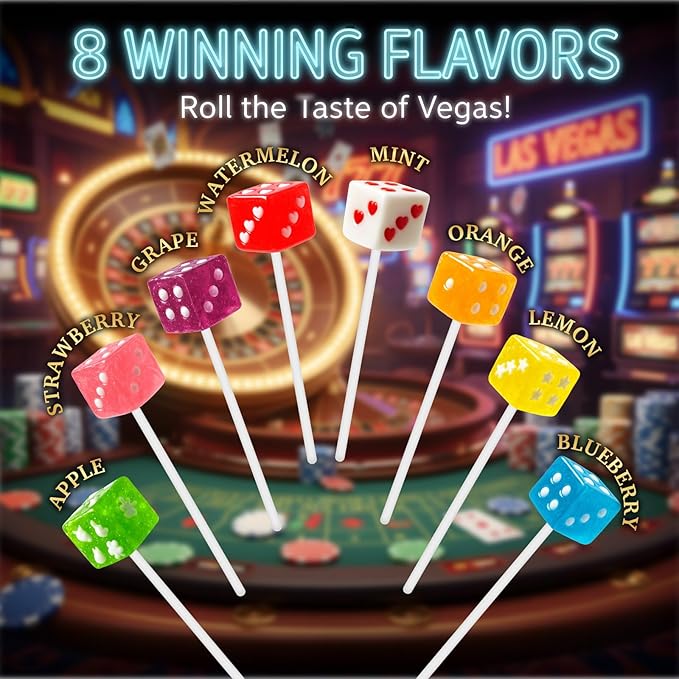 EORA Dice Shaped Lollipops Candy, Casino Themed Candy Suckers Individually Wrapped Lollipops Bulk, 8 Colors + 8 Flavors Bunco Party Supplies, Vegas Style Old Fashioned Square Cube Dice Pops Suckers
