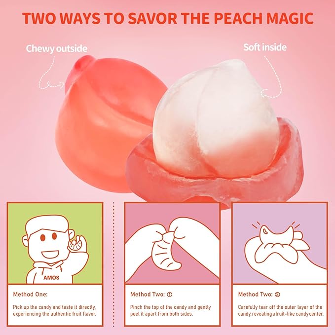 AMOS Peelerz Gummy Peach Candy, Peelable Fruit-Shaped Candy, 8.47oz Box with 10 Individual Packs – Fun Peeling Gummy Snack Made with Real Juice