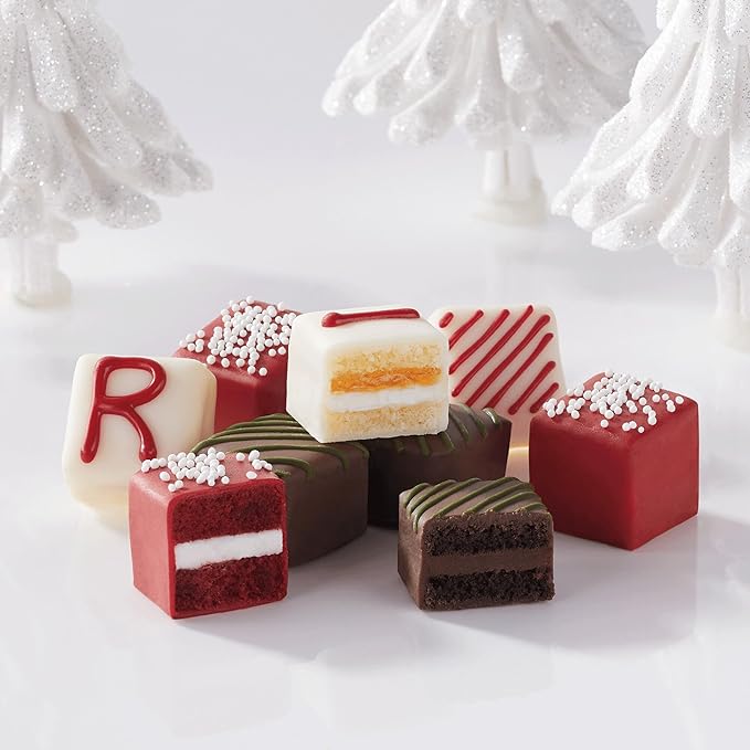 The Swiss Colony Merry Christmas Petits Fours Gourmet Mini Layer Cakes, Red Velvet, Strawberry, Double Chocolate, and Vanilla with Traditional Old Fashioned Candy Hard Candy, Raspberry Drops, and More