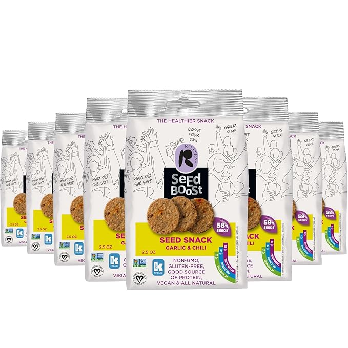 ROSTEN SeedBoost Seed Crackers (16 Pack) Garlic Chili Flavor - Vegan, Non-GMO, Gluten Free (2.5oz Each)