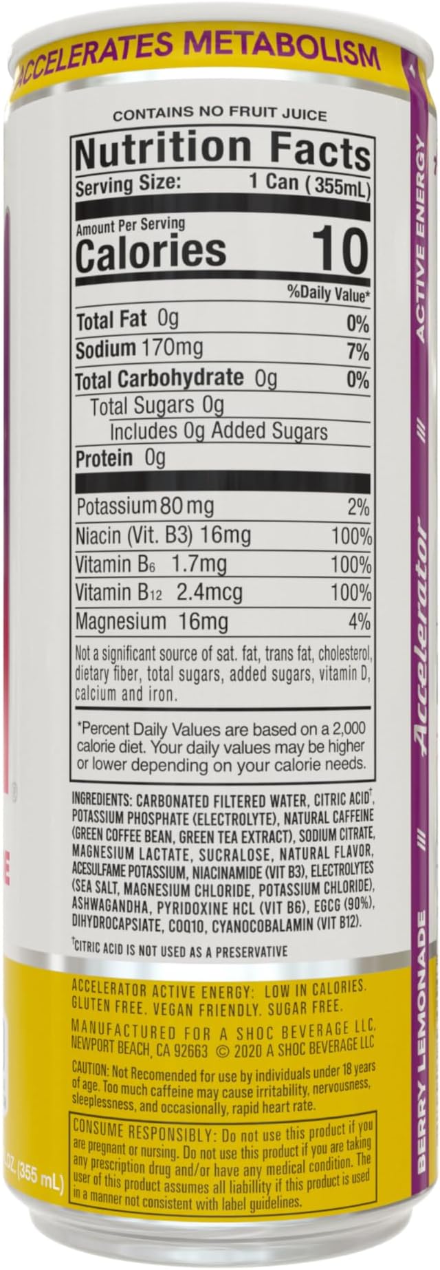 Accelerator Energy Drink, Berry Lemonade 12oz can (12 pack), Zero Sugar, Sustained Energy from 100% Natural Caffeine (200mg from Green Coffee Bean & Green Tea extract)
