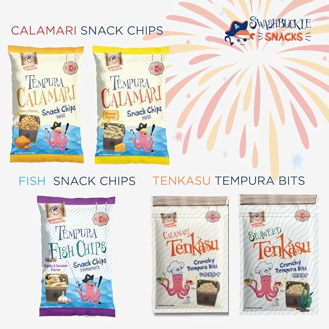 Swashbuckle Snacks Crispy Tempura Calamari Snack Chips Cheese Flavor 0.95oz (27g) - 5pack, Made in Japan, Otsumami