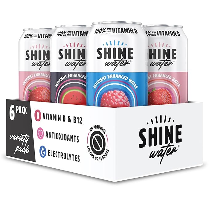 Shine Water Variety Pack Vitamin D Electrolyte Drinks, Sugar Free Flavored Water 6-Pack with Magnesium, Zinc & Antioxidants, Low Calorie Hydration Beverage, Plant-Based Vitamin Water Zero Sugar