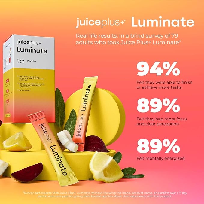 JuicePlus+ Luminate - Plant-Based Cognitive Support Drink with Ashwagandha, Lions Mane & Coffee Berry For Clarity & Vitality - 15 Sticks, 2.75 oz