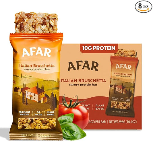Afar Savory Protein Bars – Low Sugar, High Protein – Healthy Snacks for Adults – Meal Replacement Bar – Rice Crispy Texture – Vegan, Gluten Free (8 Bars, Italian Bruschetta)