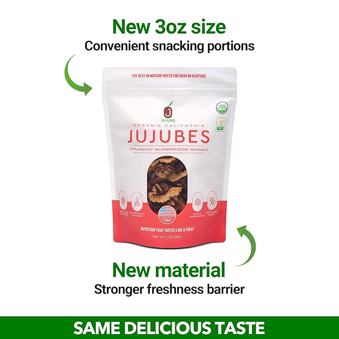 USDA Organic California Grown Pure Jujube Product | JUJUME Crisps | Sweet Jujube Chips | ZERO Added Sugar or Preservatives | All-Natural Healthy Snack | 20-pack 3oz bags