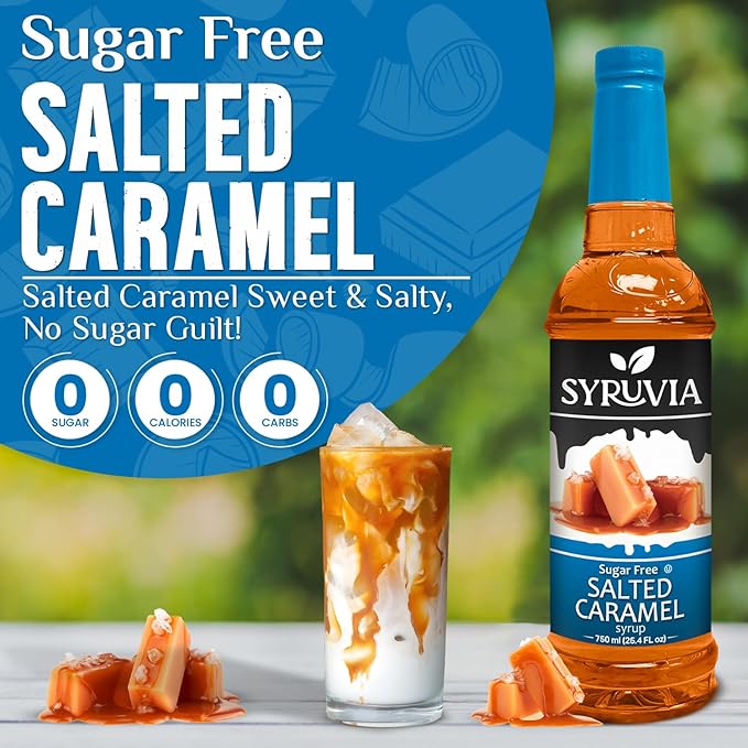 Syruvia Sugar Free Coffee Syrup, Salted Caramel Flavored Syrup for Drinks, Lattes, and Desserts – 25.4 fl oz, (Pack of 2)