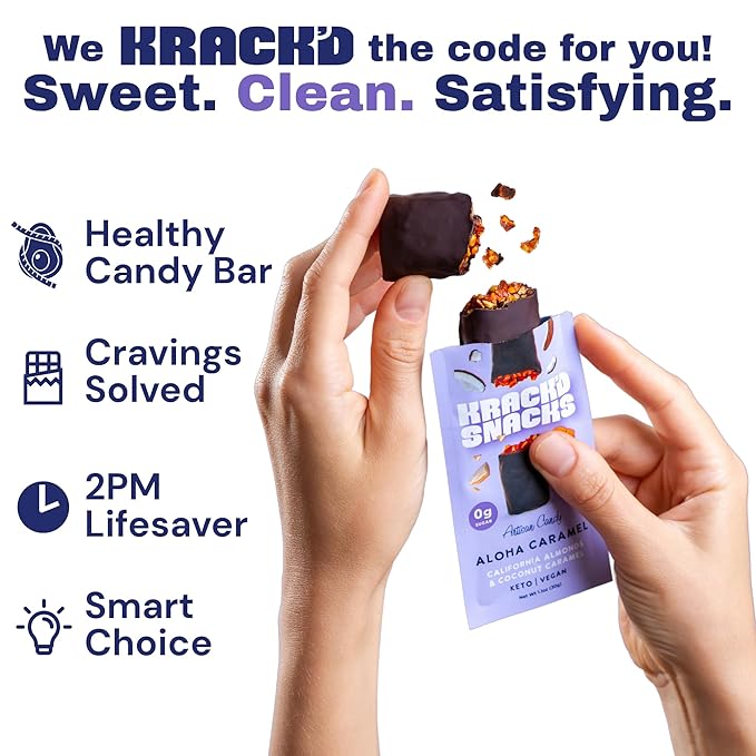 Krack’d Snacks Chocolate Snack Bars 10 Pk | Plant-Based Dark Chocolate Aloha Caramel with Almonds & Coconut | Gluten Free Candy Bars | Keto Chocolate Treats