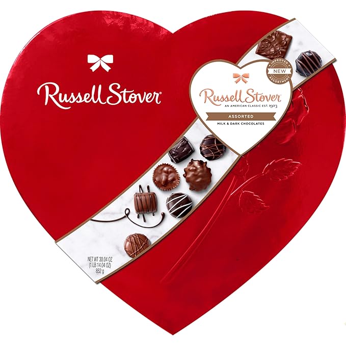 RUSSELL STOVER Valentine's Day LARGE Red Foil Heart Assorted Milk Chocolate & Dark Chocolate Candy Gift Box, 30.04 oz.
