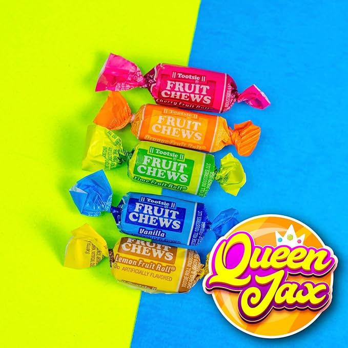 Fruit Chews - 5 Pound Bag - Assorted Candy - Chewy, Fruity and Delicious - Cherry, Lemon, Lime, Orange and Vanilla - QUEEN JAX - Individually Wrapped Candy - Fresh, Mouth Watering and Scrumptious Bulk Candy Bag - Buy In Bulk and Save!