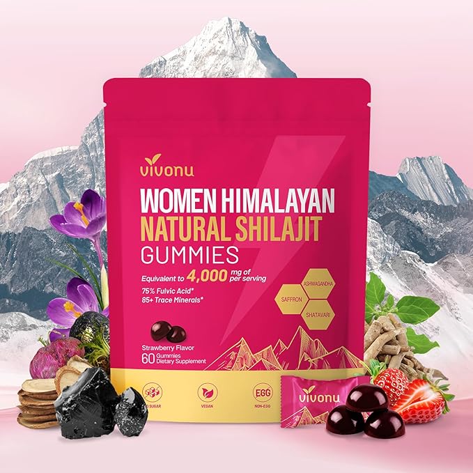 VivoNu Shilajit for Women, Contains Tongkat Ali, Ashwagandha*, Ginger, Saffron for hormonal* Balance & Energy | Tasty Shilajit Strawberry Flavor with Pure Himalayans Shilajitn* (1 Bag)