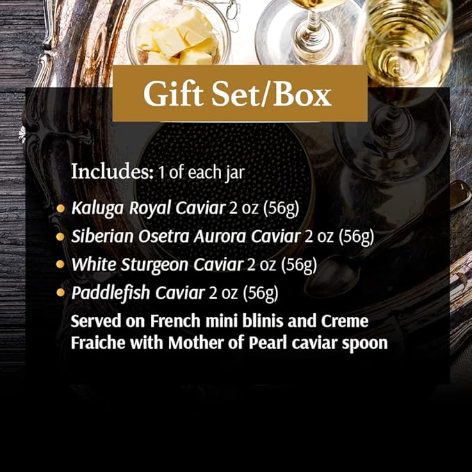 OLMA Majestic Caviar Gift Set - 8 oz (224g) of Caviar, Includes Kaluga Royal, Siberian Osetra Aurora, White Sturgeon, Paddlefish, Serving Spoon & Blinis - Superior Grade Fresh Roe Fish Eggs